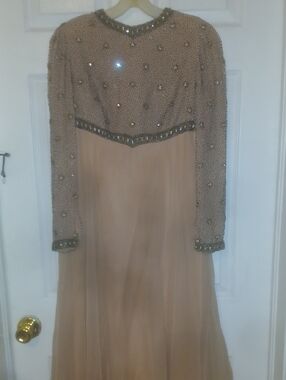 Victoria Royal Ltd Beaded Long Sleeve Gown in Champagne Gold